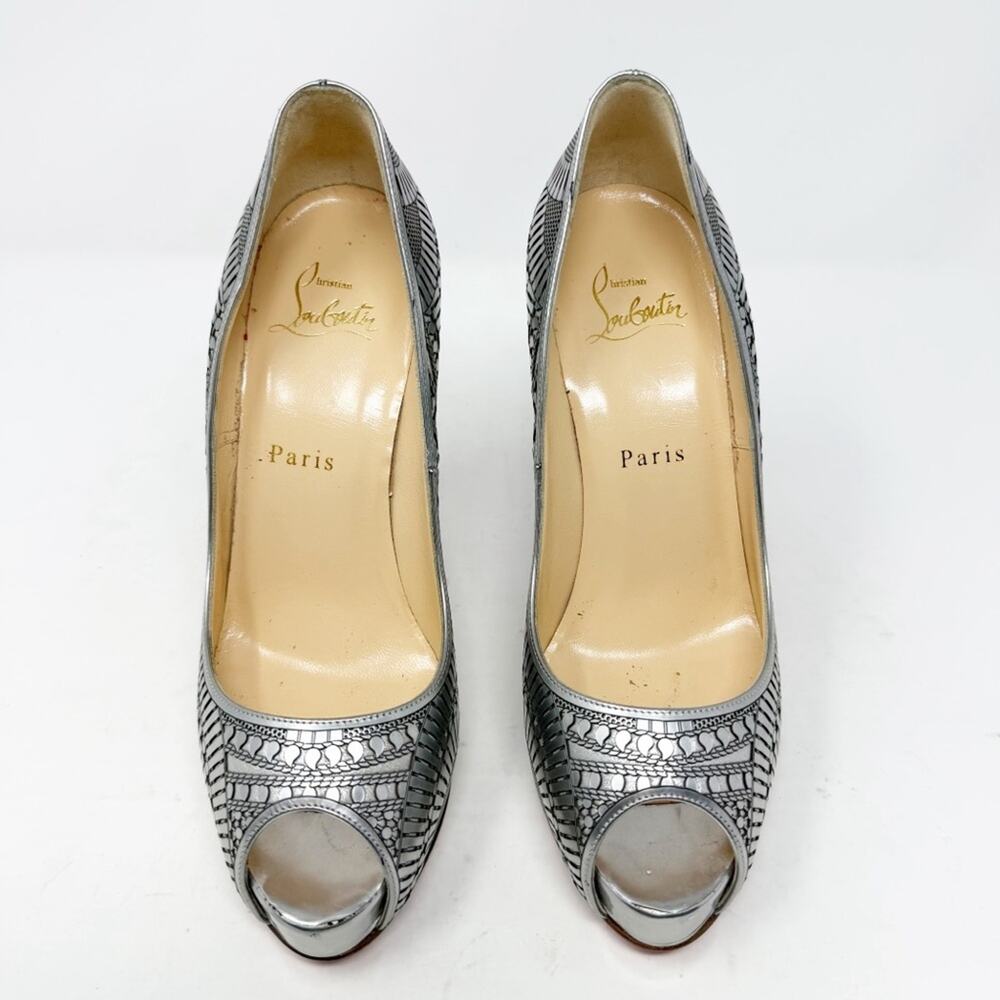Christian Louboutin Suellena Silver Geometric Peep Toe Heels Womens Size EU 37 - Picture 2 of 10